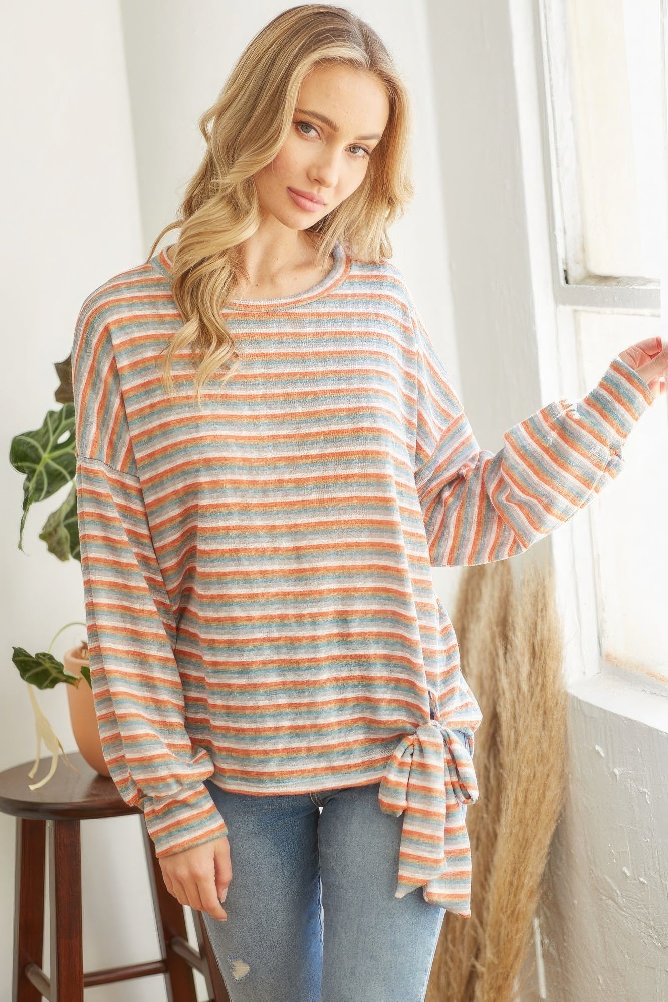 Striped Self Tie Longsleeve Top