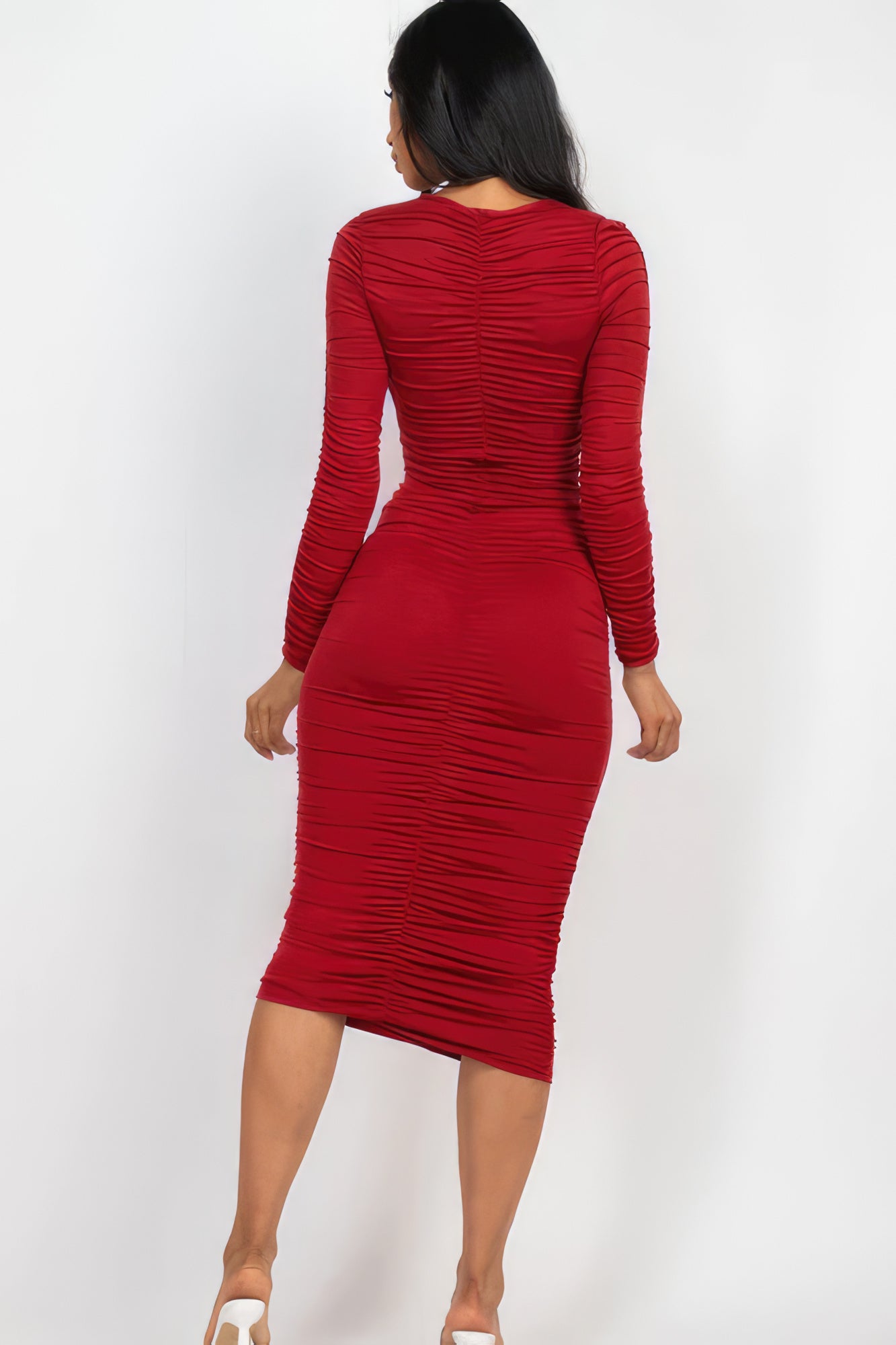 Ruched Long Sleeve Midi Dress