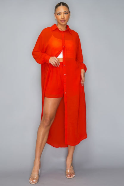 Chiffon Button Down Long Sleeve Side Slit Long Top With Short Set