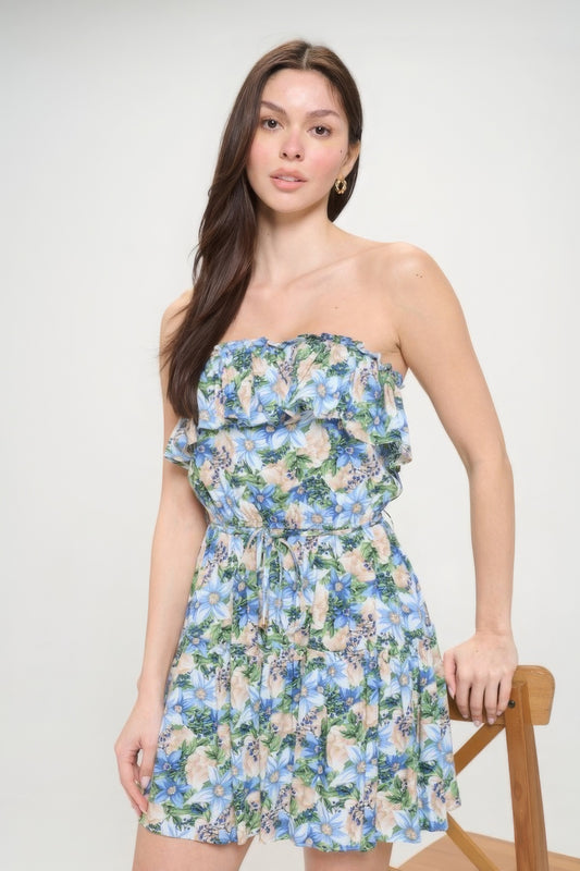 Berry Flower Ruffle Tube Top Mini Dress