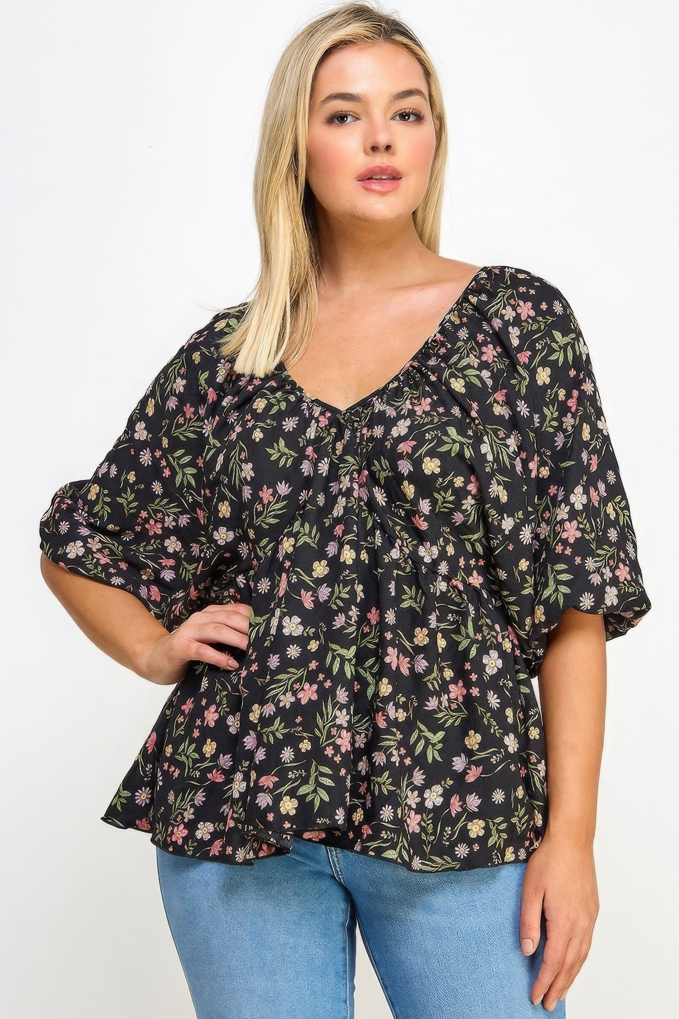 Floral V-neck Babydoll Balloon Slv Top